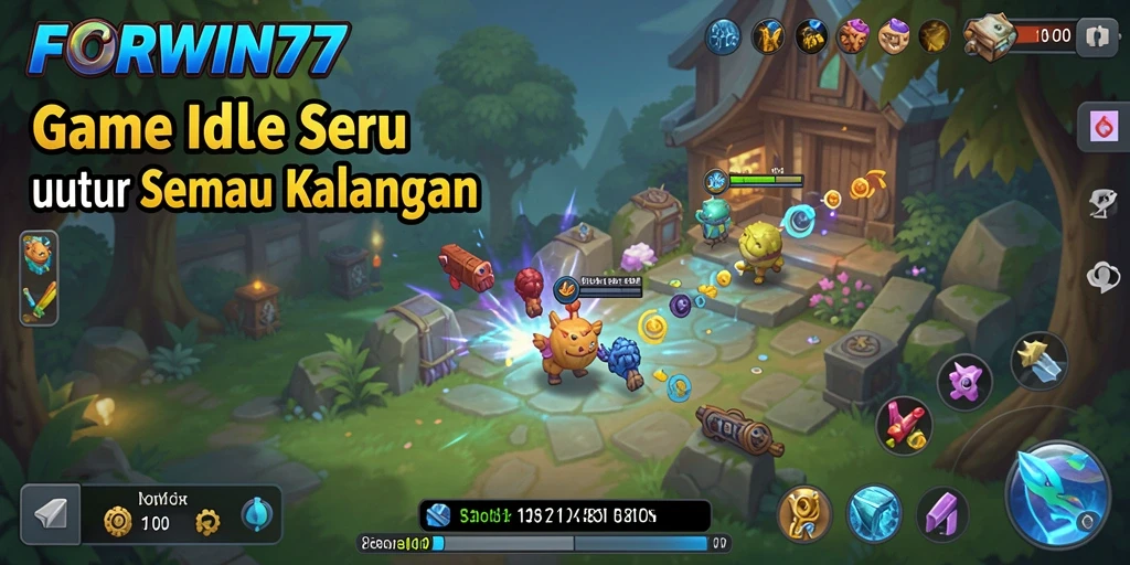 Tampilan gameplay <strong>FORWIN77</strong> yang menarik dengan berbagai karakter dan upgrade.