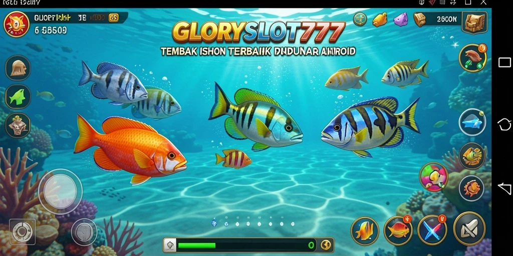Tangkapan layar menampilkan aksi seru dalam GLORYSLOT777 saat berburu ikan.