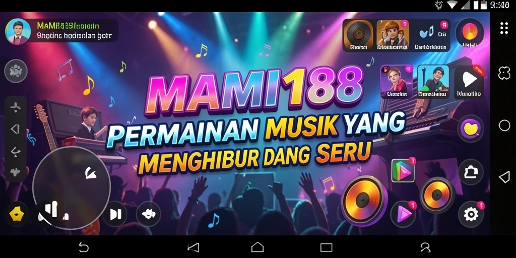 Tampilan gameplay MAMI188 dengan alat musik dan lagu-lagu favorit.