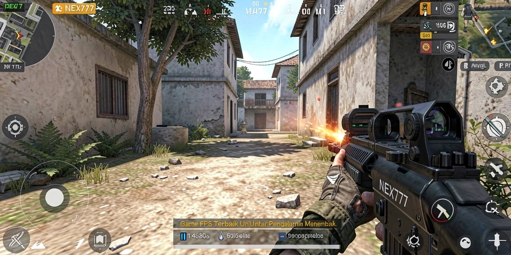 Screenshot NEX777 menunjukkan aksi menembak yang intens.