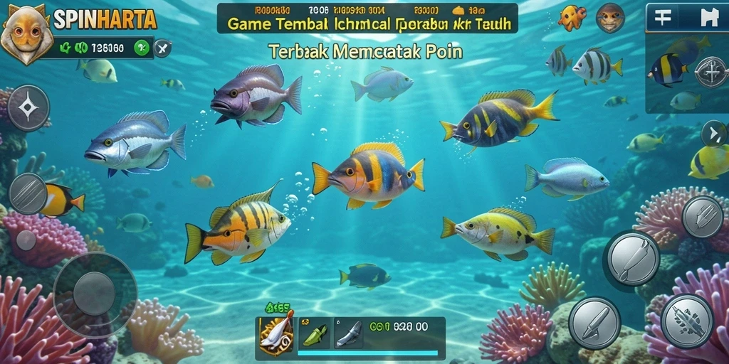 Gameplay SPINHARTA yang menarik dengan grafis ikan berwarna-warni.