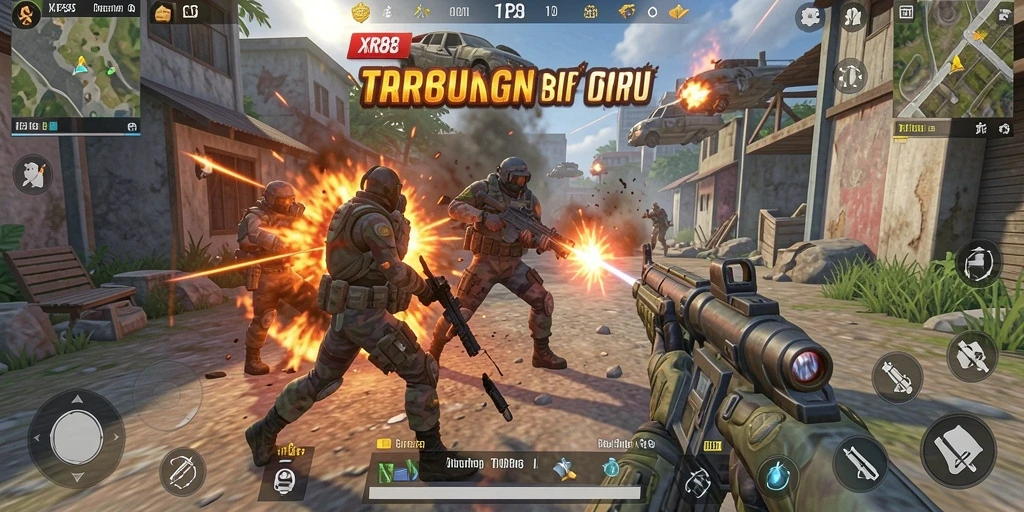 Screenshot gameplay XR88 dengan karakter dalam aksi tempur TPS.