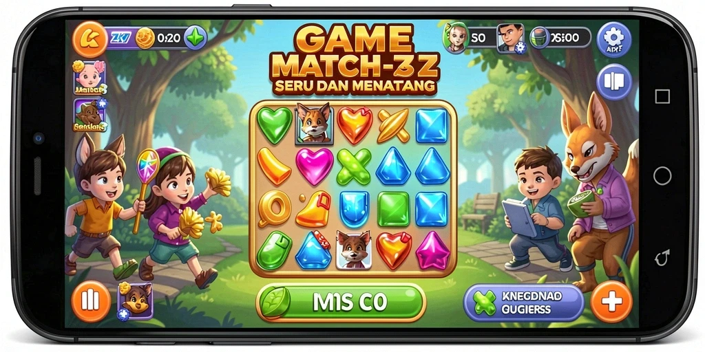 Screenshot ZK7 menampilkan gameplay Match-3 yang seru dan penuh warna.